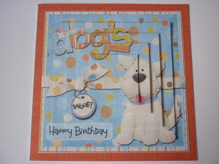 Woof Happy Birthday Pyramid Square Card Front by Annette Purkis