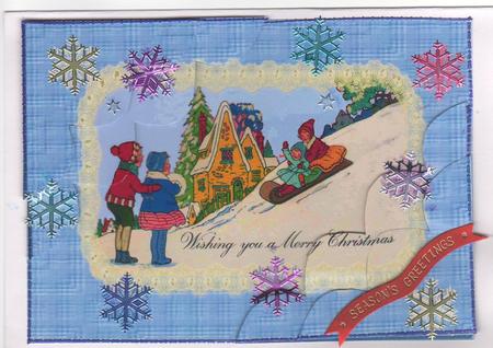 Vintage Christmas Card Corner Stacker, Children Toboganning by Annette Shreeve