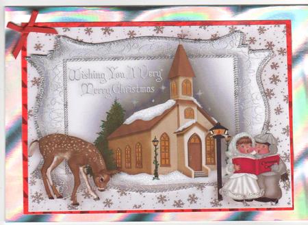 Pretty Church with Carol Singers in Silver Frame A4 by Annette Shreeve