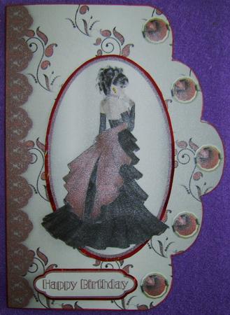 A Vision in Scarlet Scallop Edge Card Front by Annmarie Spriggs