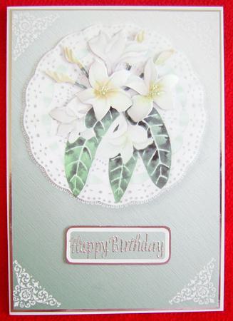 White Flowers on Lace Card Front by Annmarie Spriggs