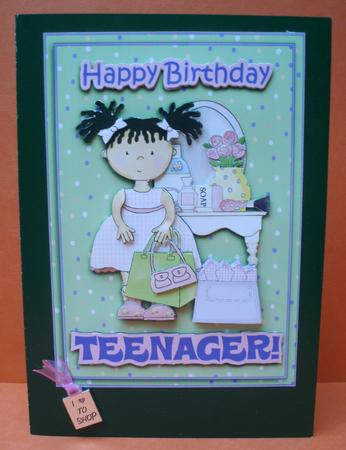 Teenage Shopper - Birthday Card Front with Decoupage by Audrey Brown clifford