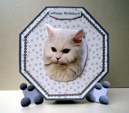 White Fluffy Cat Plate Shaped Card & Stand by Audrey Brown clifford