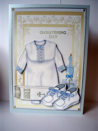 Christening Gown Boy Quick Card Front with Decoupage by Audrey Brown clifford