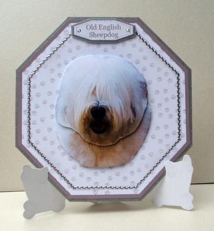 Old English Sheepdog Plate Shaped Card & Stand by Audrey Brown clifford