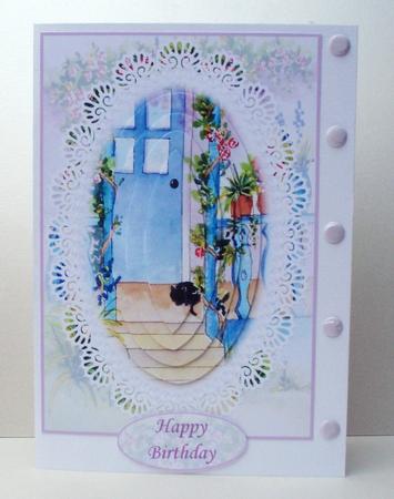 Cat at the Door Watercolour and Lace Card Front with Pyramid by Audrey Brown clifford