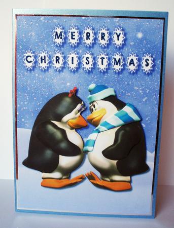 Kissing Penguins Quick Decoupage Card Front by Audrey Brown clifford
