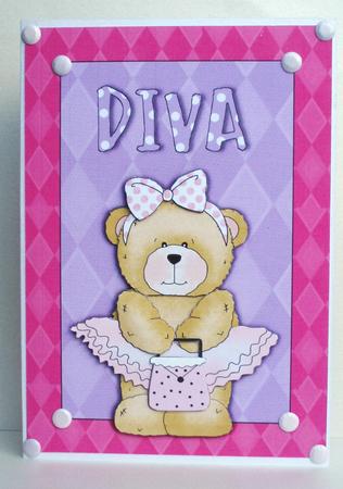 Diva Teddy Bear Card Front with Decoupage by Audrey Brown clifford