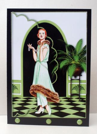 Green Elegance Art Deco Lady Scalloped Edge Envelope Card by Audrey Brown clifford