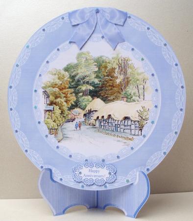 Wherwell Village Hampshire Blue Plate, Stand & 5 Sentiments by Audrey Brown clifford