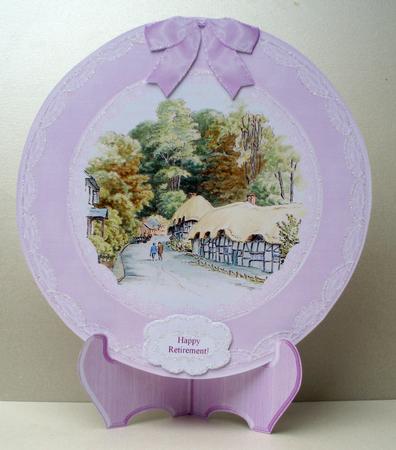 Wherwell Village Hampshire Pink Plate, Stand & 5 Sentiments by Audrey Brown clifford