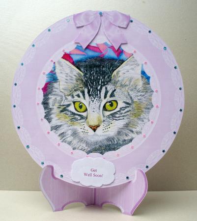 Tabby Cat Pink Plate Card & Stand & 5 x Sentiments by Audrey Brown clifford