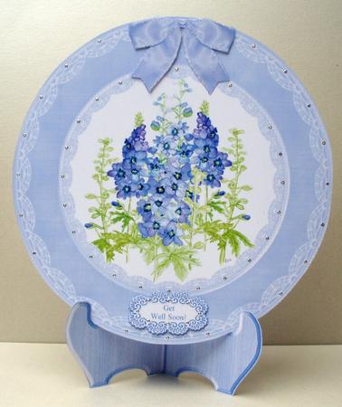 Delphinium Flowers Blue Plate Card, Stand & 5 x Sentiments by Audrey Brown clifford