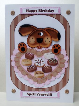 Patch Puppy with Choccy Heart Card Front by Audrey Brown clifford