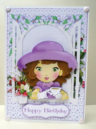 Time for Tea Lady in Lilac Card Front & Decoupage by Audrey Brown clifford