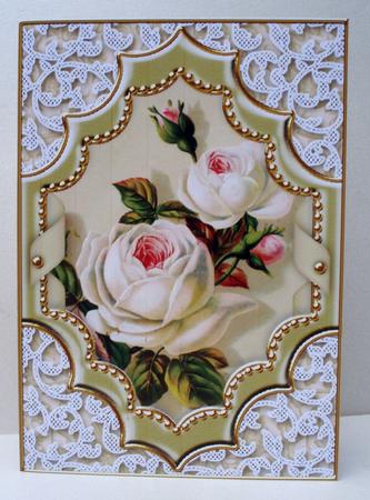 Cream Roses Ornate Diamond 7x5inch Folded Picture Card by Audrey Brown clifford