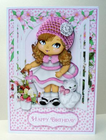 Dolly in a Pink Hat with Her Cat Card Front by Audrey Brown clifford