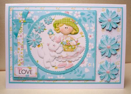 Girl with Cat Flowery Love Card Front by Audrey Brown clifford