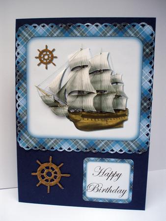 Sailing Ship Blue Decoupage Quick Card Front by Audrey Brown clifford