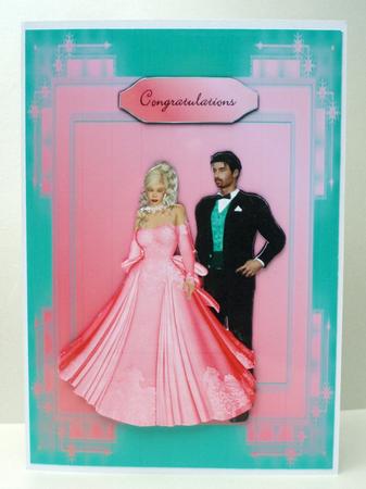 Cerise and Teal Bride and Groom Card Front by Audrey Brown clifford