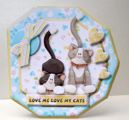 Love Me Love My Cats Octogon Cut & Fold Card Blue by Audrey Brown clifford