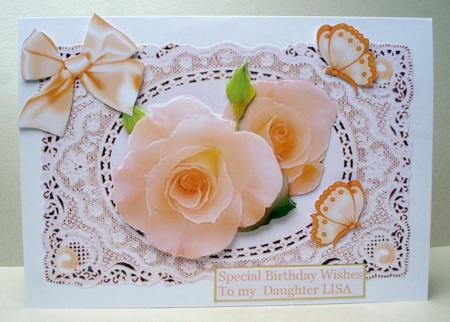 Pretty Peach Roses on Ecru Lace by Audrey Brown clifford