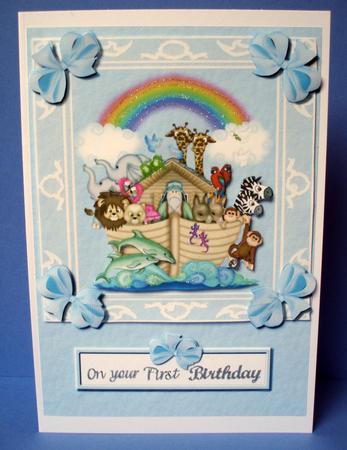 Baby Boy Noahs Ark Decoupage Quick Card Front by Audrey Brown clifford