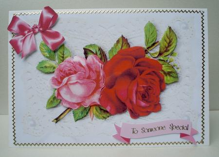 Red Roses on Ecru Lace with Pearls by Audrey Brown clifford
