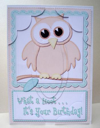 A5 What a Hoot Owl Birthday Scallop Corners and Pyramage by Audrey Brown clifford