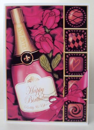 A5 Birthday Champers Chocs N Roses Oval Pyramage Topper by Audrey Brown clifford
