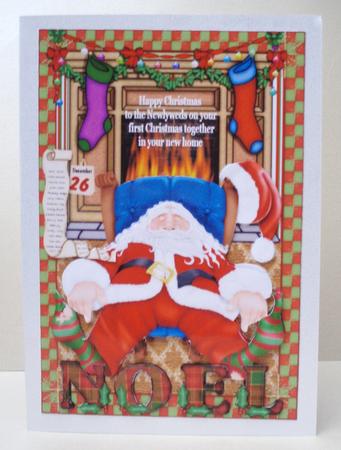 Santa in Front of the Fire Decoupage Card Front by Audrey Brown clifford