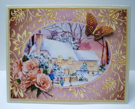 Cottages in Snow with Roses and Butterflies Decoupage by Audrey Brown clifford