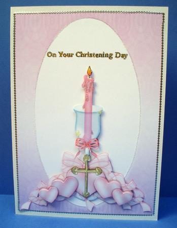 Girls Christening Candle Card Front with Decoupage by Audrey Brown clifford