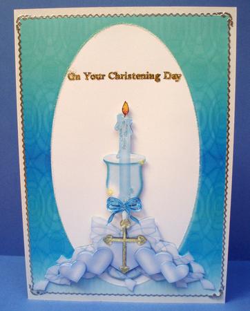 Boys Christening Candle Card Front with Decoupage by Audrey Brown clifford