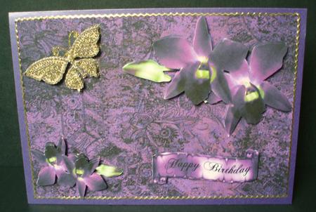 Golden Butterfly and Orchids on Pink by Audrey Brown clifford