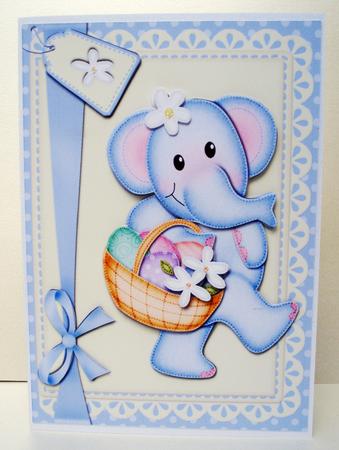 A5 Lola Elephant's Easter Basket Quick Card N 3D Decoupage by Audrey Brown clifford