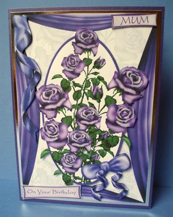 Beautiful Purple Lilac Rose Card Front with Decoupage Layer by Audrey Brown clifford