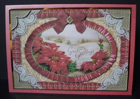 Seasons Greetings Red Poinsettia Lace N Ruffles Card Front by Audrey Brown clifford