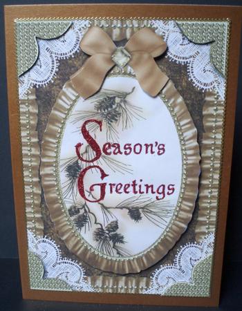 Seasons Greetings Fir Lace N Ruffles Card Front by Audrey Brown clifford