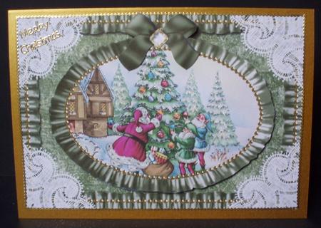 Santa Decorating Tree Lace N Ruffles Card Front Step by Step by Audrey Brown clifford
