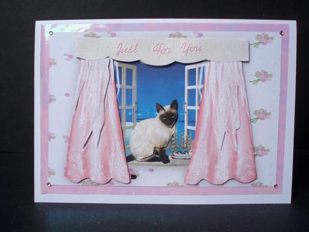 Siamese Cat in Paradise Window with Pink Curtains Decoupage by Audrey Brown clifford