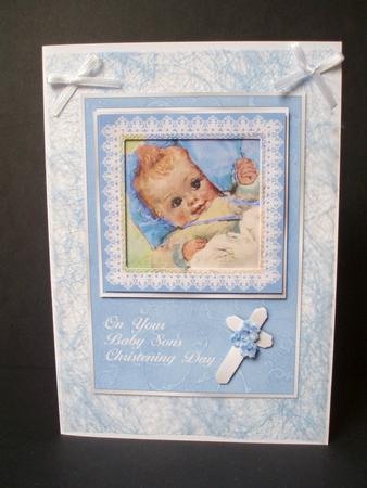Baby Boy's Christening - Card Front with 3D Lace Frame by Audrey Brown clifford