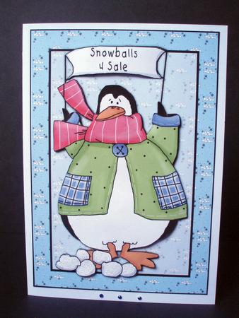 Penguin & Snowballs Card Front by Audrey Brown clifford