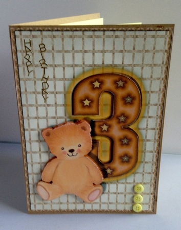 Age Three Teddy Bear Card Front with Decoupage by Audrey Wilson