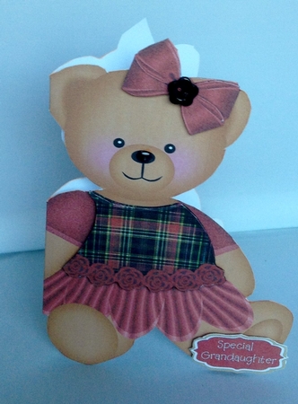 Shaped card front with cute female teddy and decoupage by Audrey Wilson