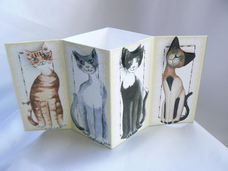 Oriental Cats with Nodding Heads Gold Diamond Fold Card by Audrey Wilson