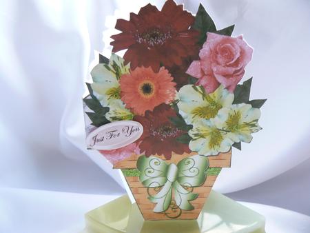 Mixed Flowers in a Pot with Bow Shaped Card by Audrey Wilson