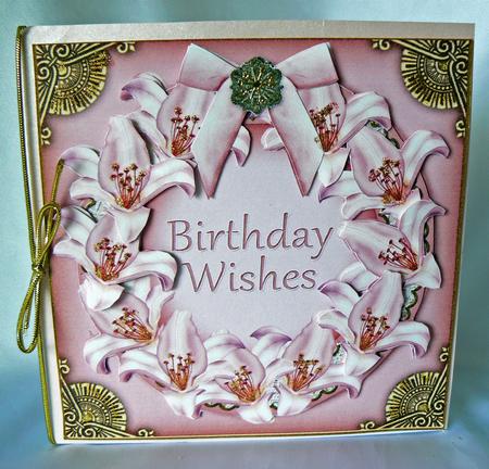 Pink Lily Birthday Decoupage Ring Card Front by Audrey Wilson
