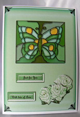Stained Glass Butterfly and Roses Green by Audrey Wilson