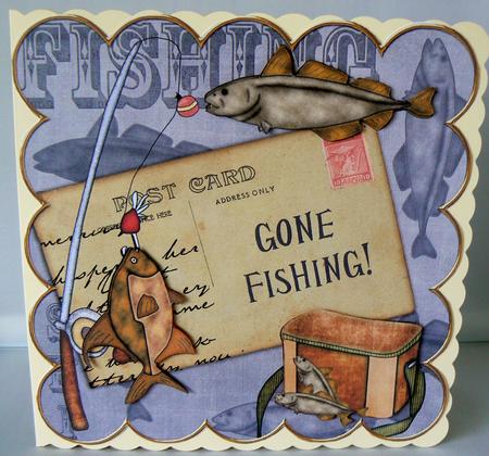 Grey Gone Fishing 8in Decoupage Topper by Audrey Wilson